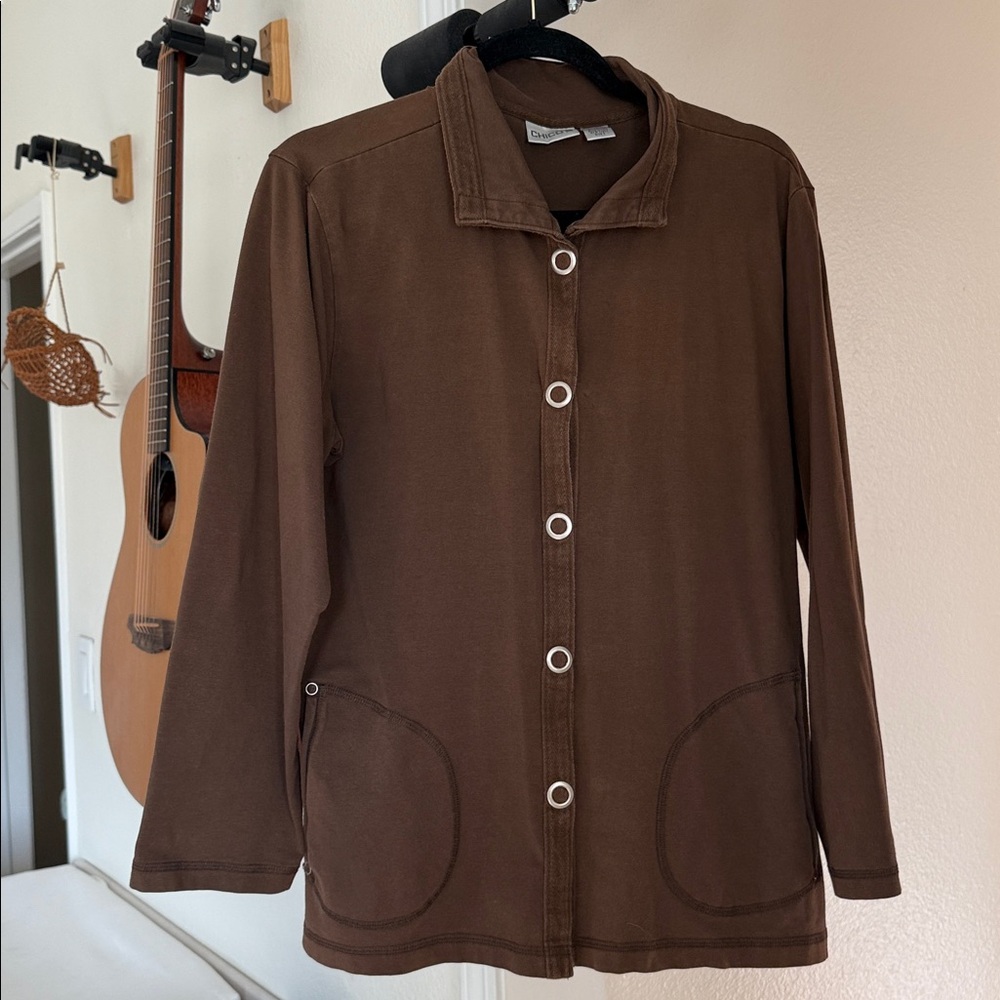 Chico's Brown Button-up Casual Cotton Utility Jacket Unique Pockets